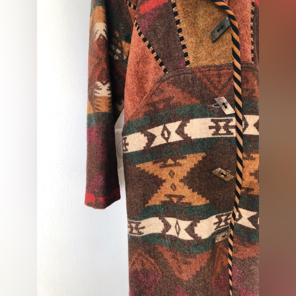 Vintage 80s 90s Southwestern Hooded Wool Blanket Coat / Wool Duster Coat - Picture 14 of 16